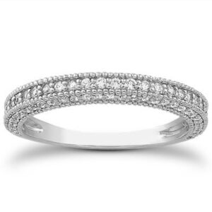 14k White Gold Fancy Pave Diamond Milgrain Textured Wedding Ring Band