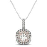 14k White And Rose Gold Cushion Shape Halo Diamond Pendant (1/2 cttw)