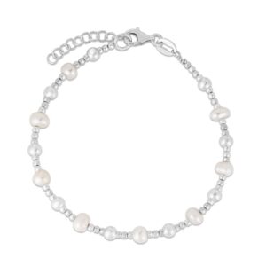 Sterling Silver Rhodium Plated Pearl Bead Bracelet
