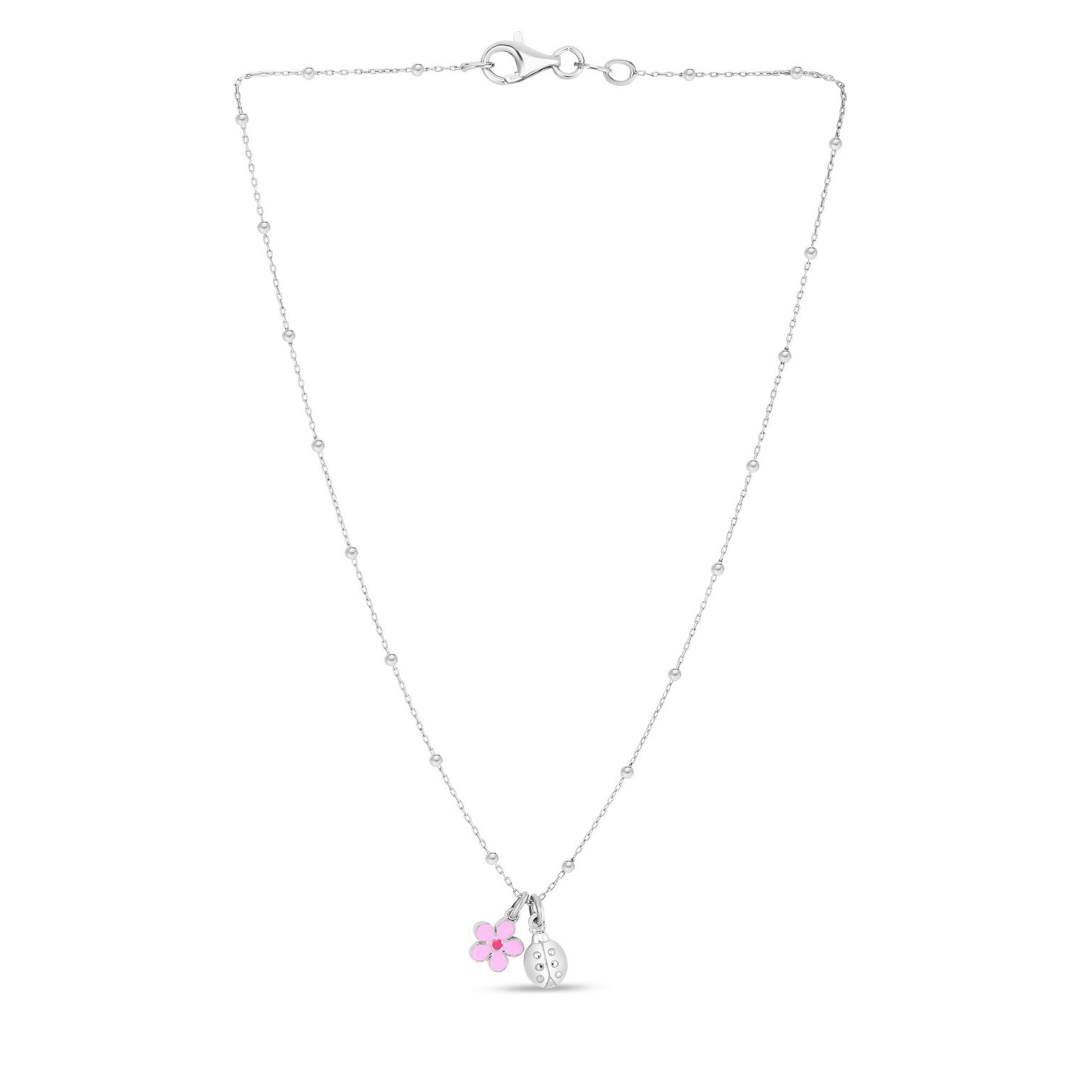 Sterling Silver Rhodium Plated Enamel Flower and Ladybug Necklace - Image 2