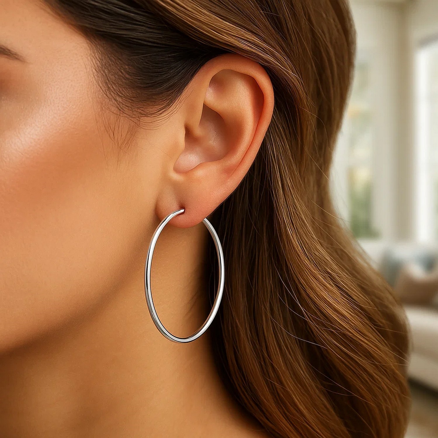 14k White Gold Polished Hoop Earrings (2x50 mm) - Image 3