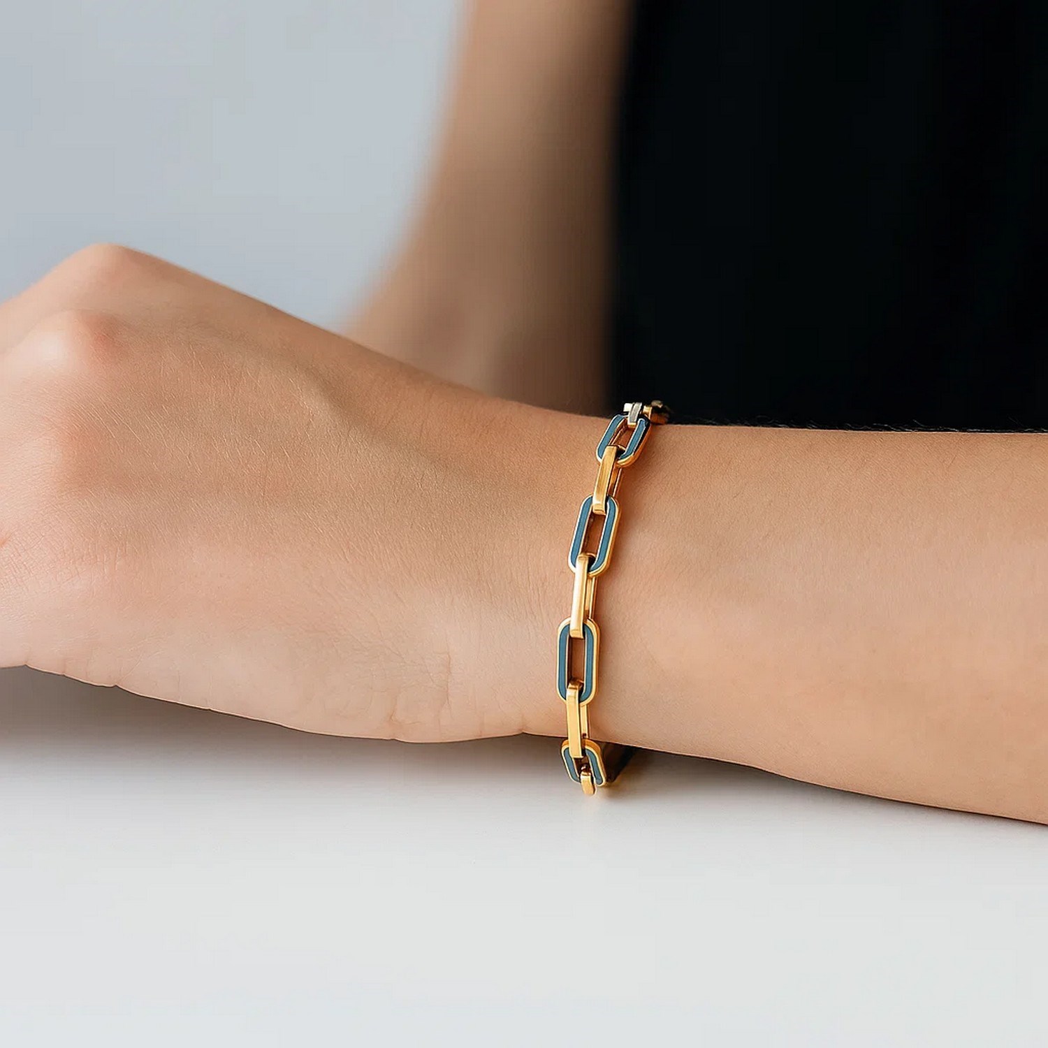 14k Yellow Gold Turquoise Paperclip Gem Link Bracelet (7.00 mm) - Image 6