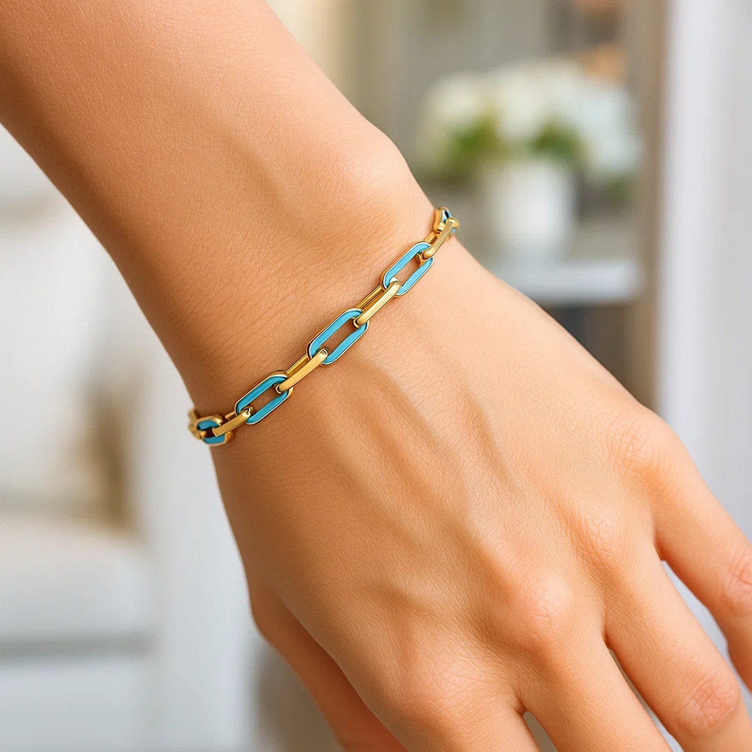 14k Yellow Gold Turquoise Paperclip Gem Link Bracelet (7.00 mm) - Image 7