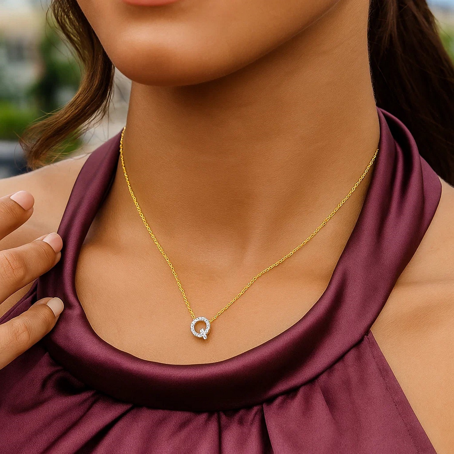14K Yellow Gold Mini Diamond Q Initial Pendant Necklace - Image 6