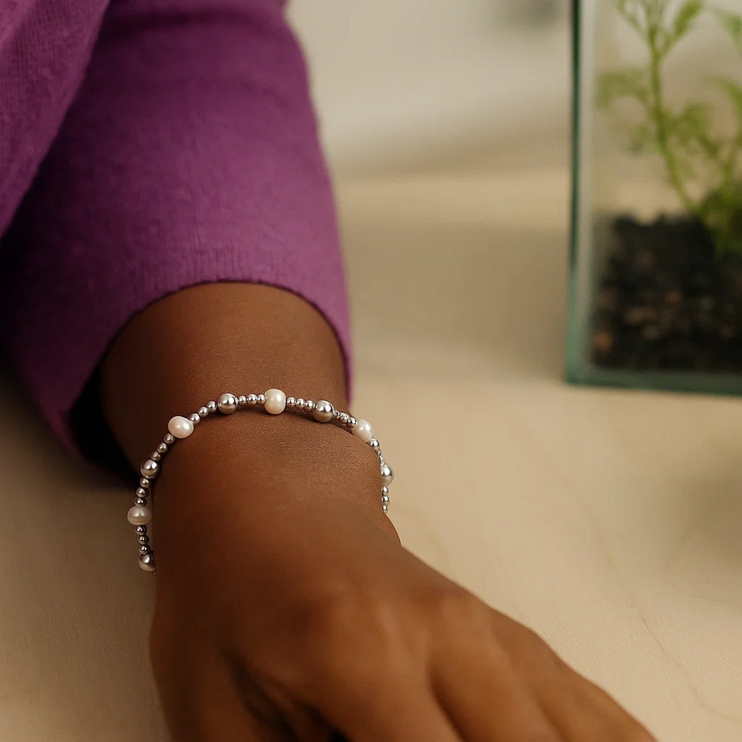 Sterling Silver Rhodium Plated Pearl Bead Bracelet - Image 5