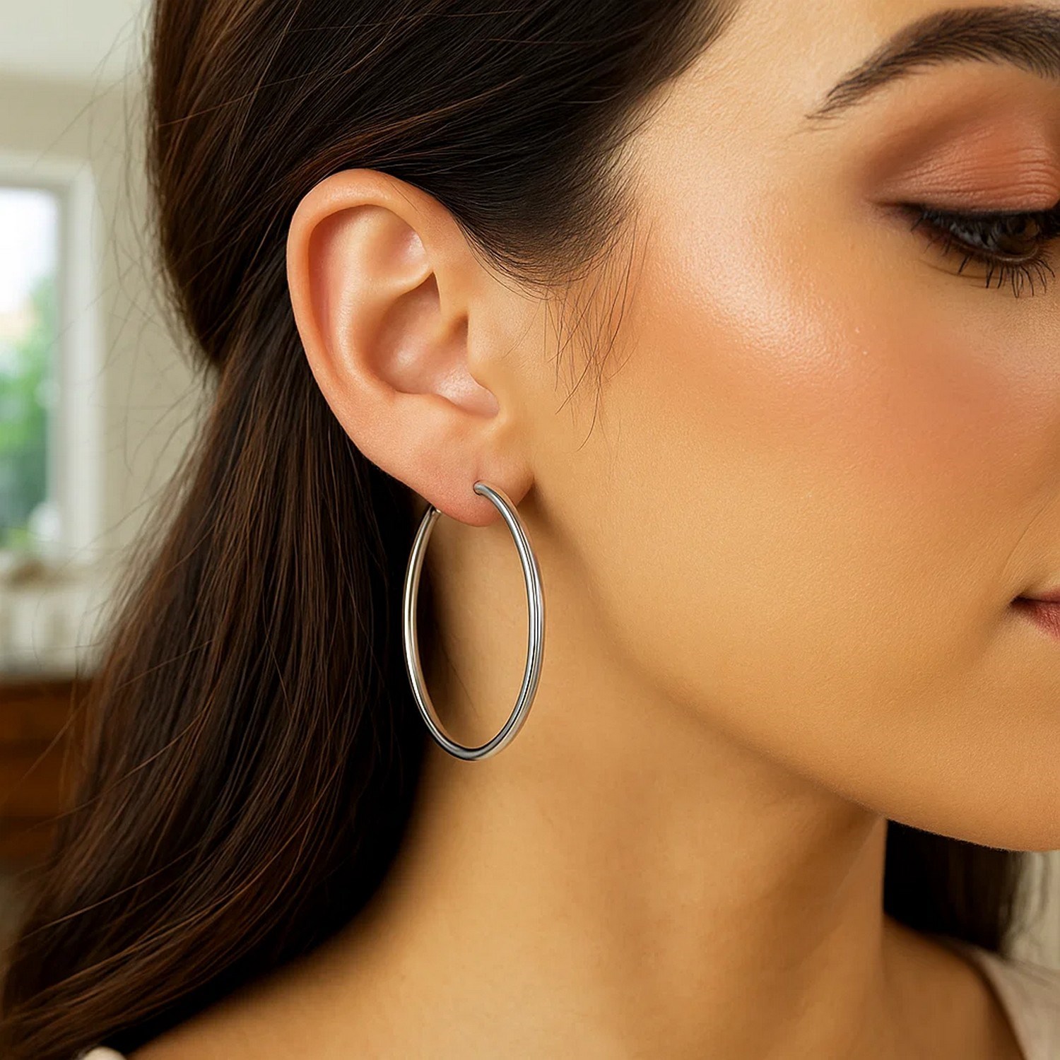 14k White Gold Polished Hoop Earrings (3x50mm) - Image 3