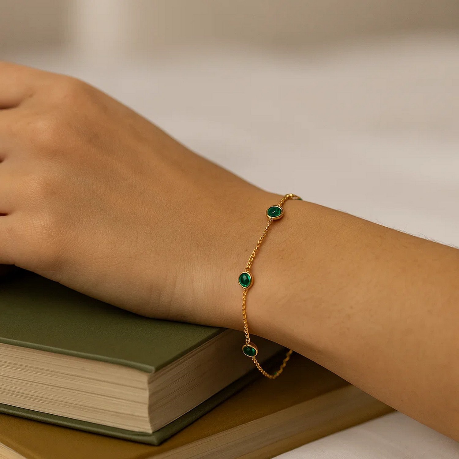 14K Yellow Gold Emerald Station Bracelet - Image 4