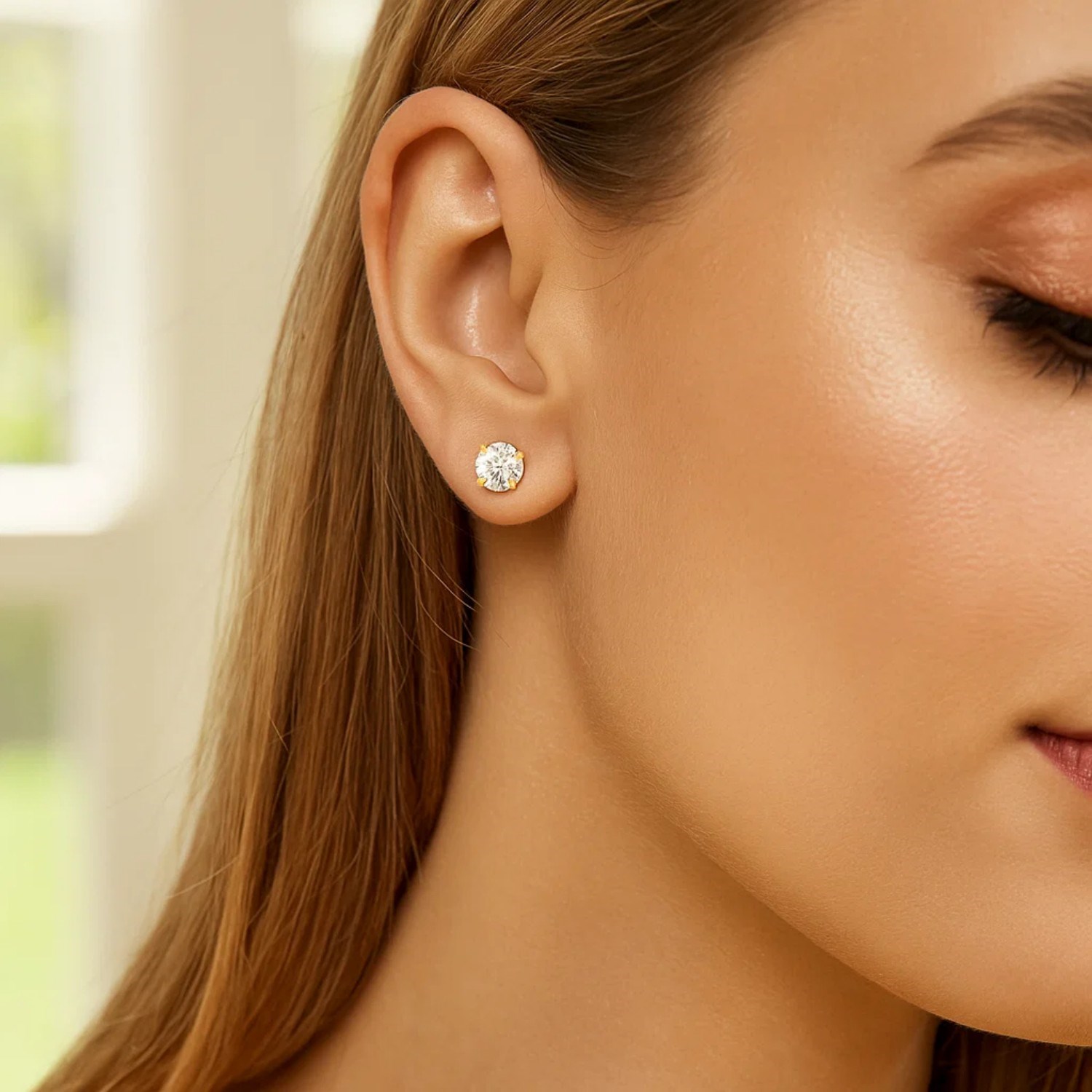 14k Yellow Gold Stud Earrings with White Hue Faceted Cubic Zirconia(6mm) - Image 4