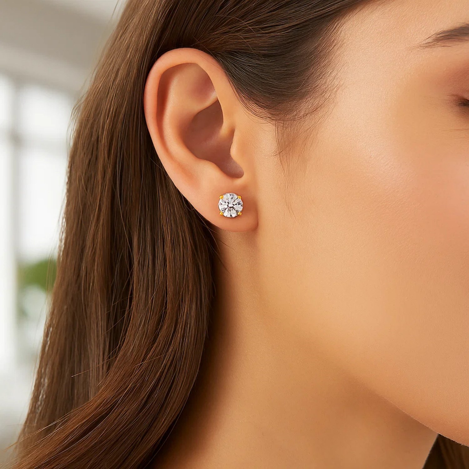 14k Yellow Gold Stud Earrings with White Hue Faceted Cubic Zirconia(6mm) - Image 5