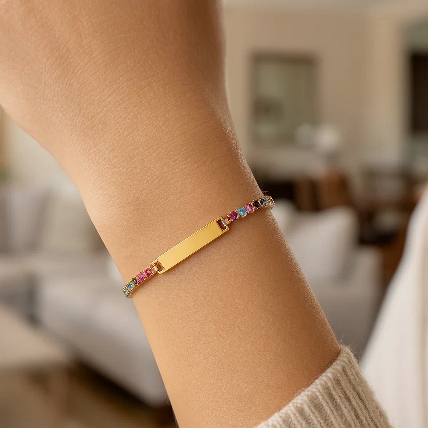 Sterling Silver Gold Plated Rainbow CZ ID Bracelet (2.70 mm) - Image 3
