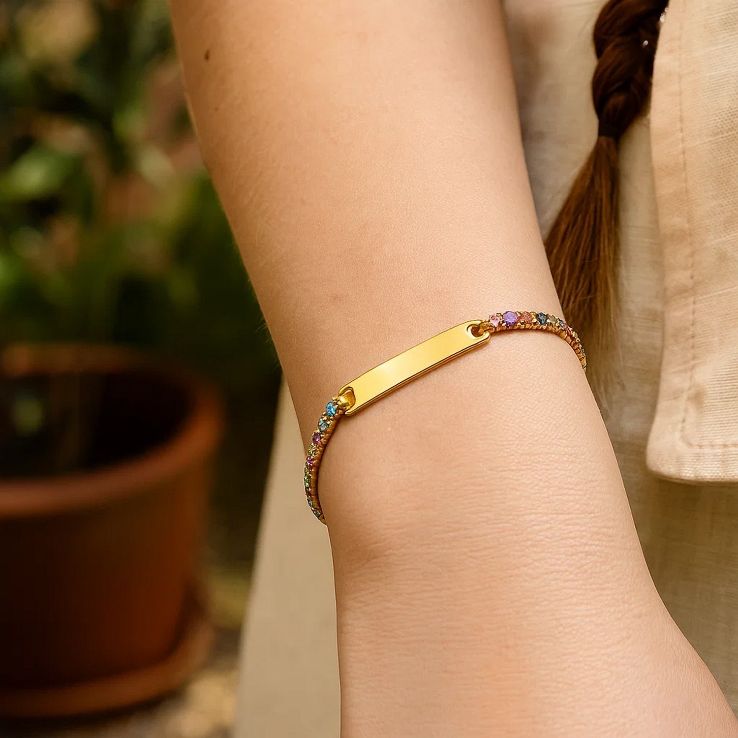 Sterling Silver Gold Plated Rainbow CZ ID Bracelet (2.70 mm) - Image 4