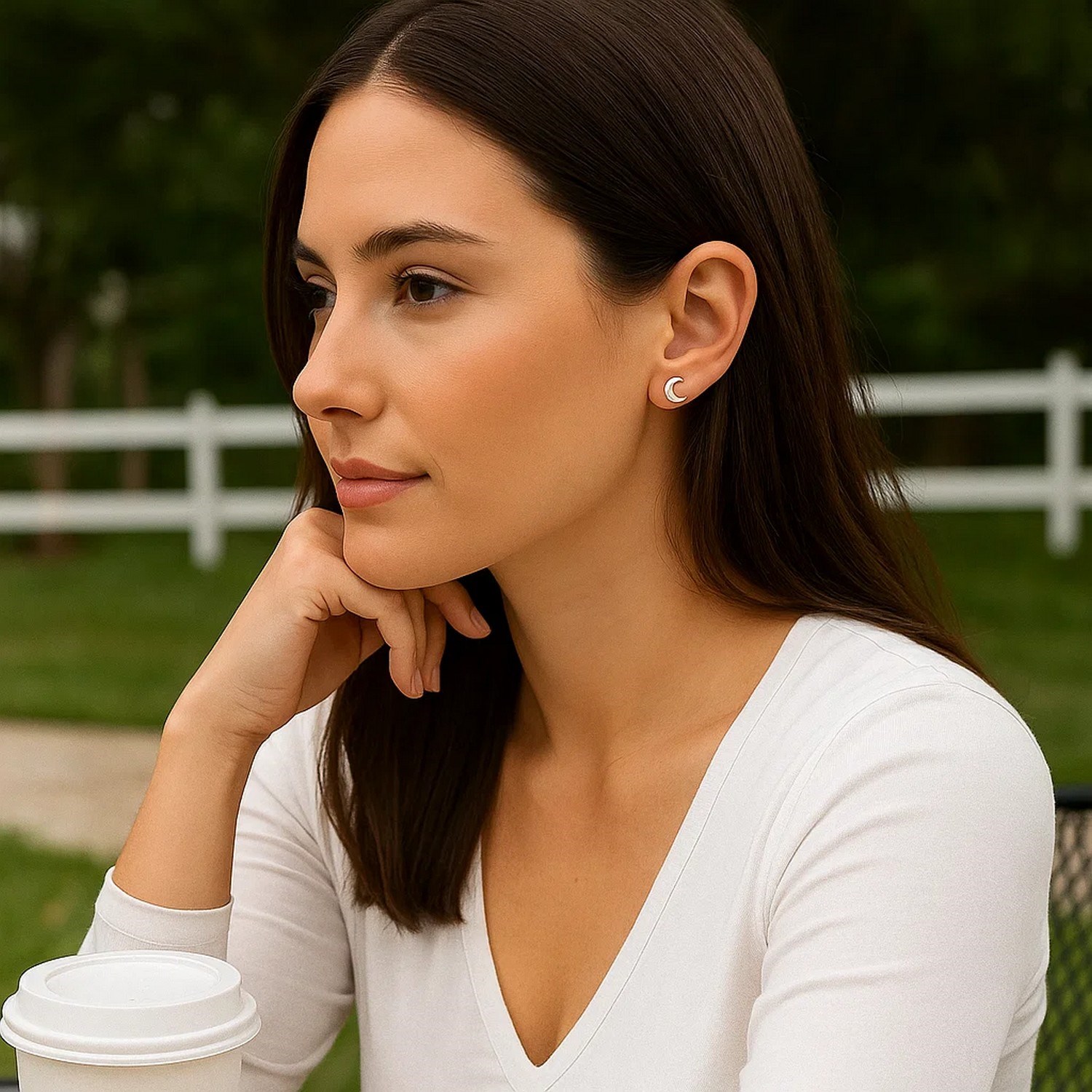 14k White Gold Post Earrings with Moons - Image 2