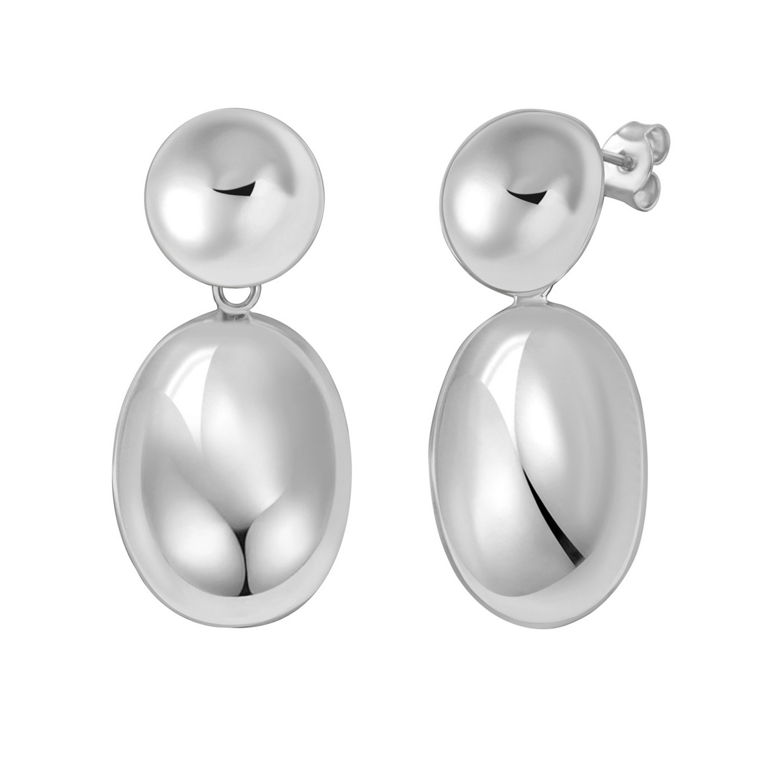 Sterling Silver Rhodium Plated Puffed Oval Double Button Drop Earrings - Image 2