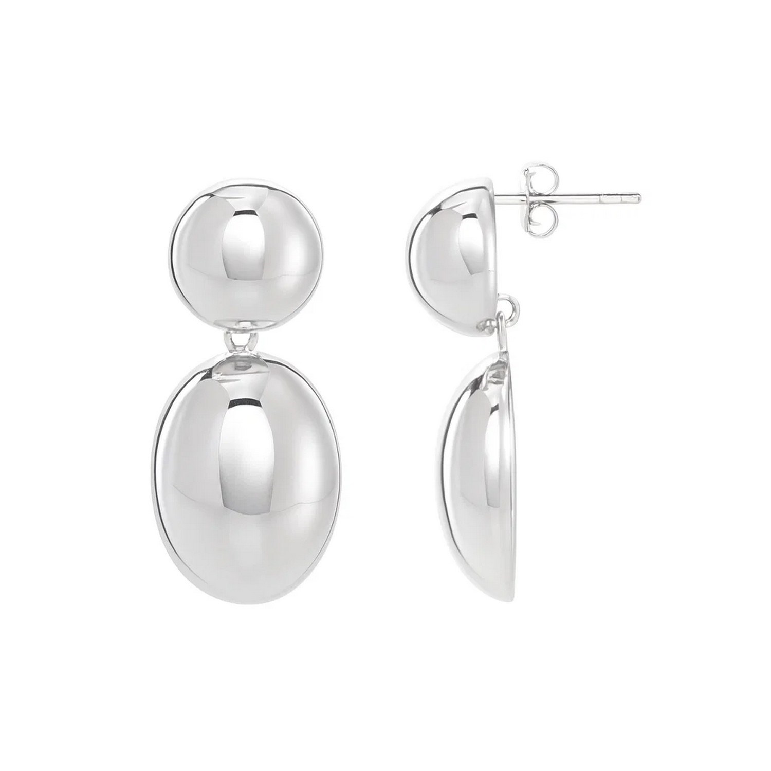 Sterling Silver Rhodium Plated Puffed Oval Double Button Drop Earrings - Image 3