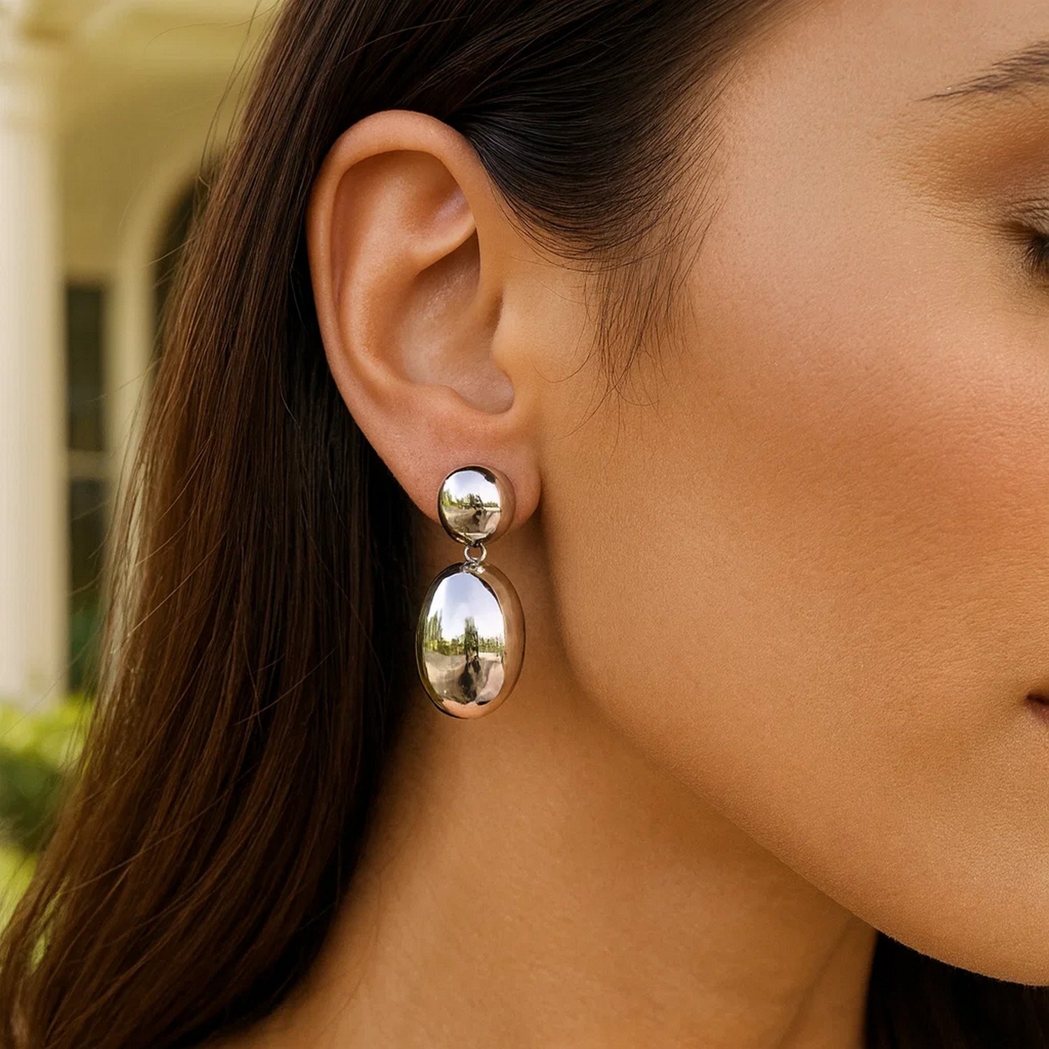 Sterling Silver Rhodium Plated Puffed Oval Double Button Drop Earrings - Image 4