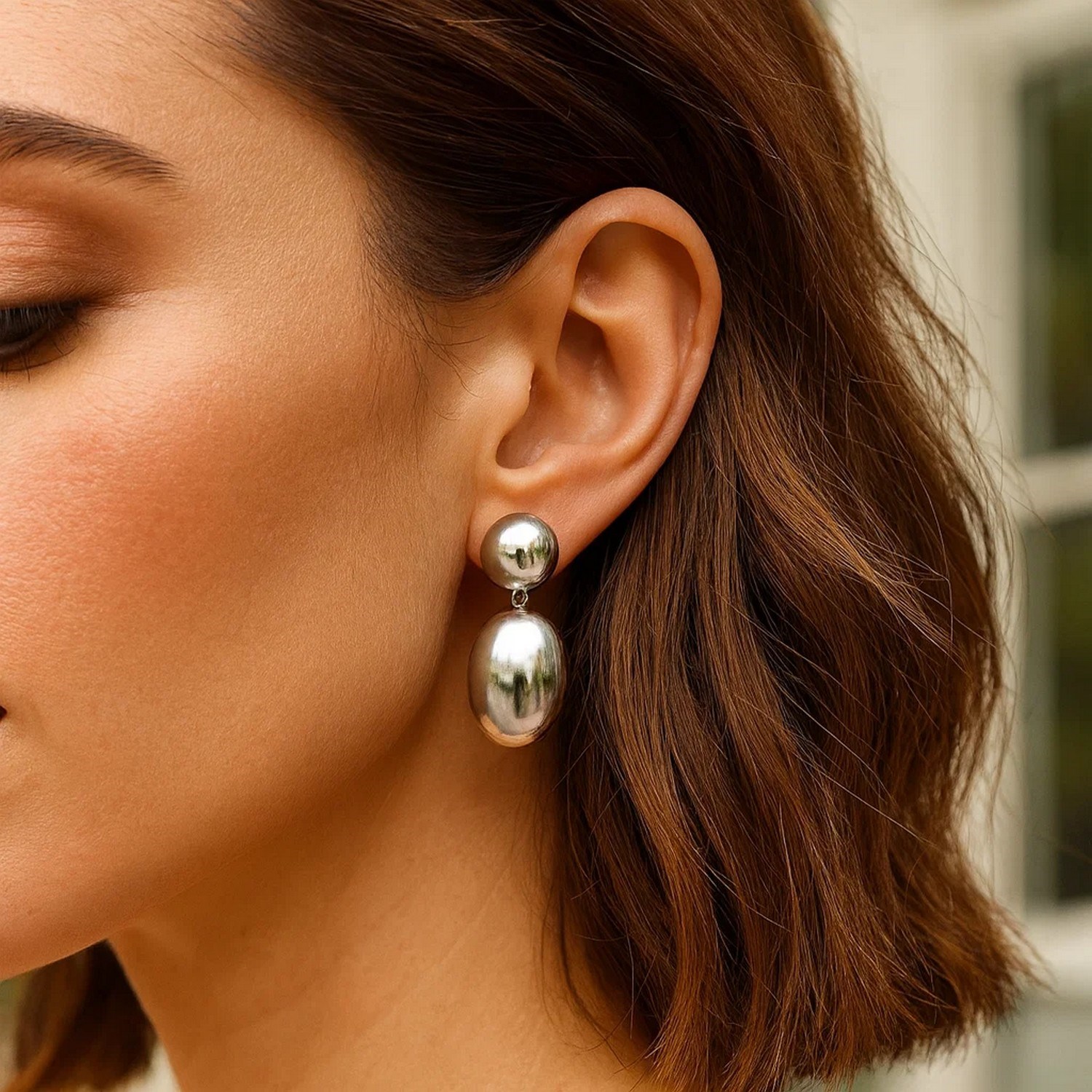 Sterling Silver Rhodium Plated Puffed Oval Double Button Drop Earrings - Image 5