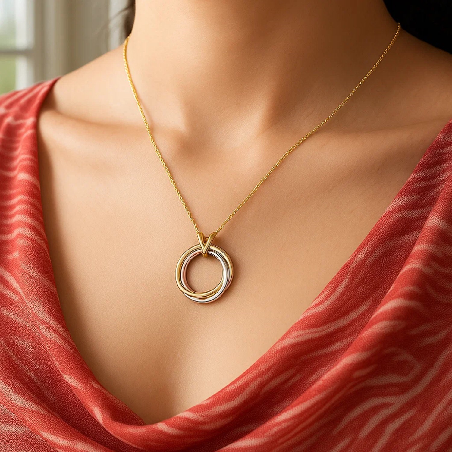 14K Tri Color Gold Interlocking Circle Pendant Necklace - Image 4