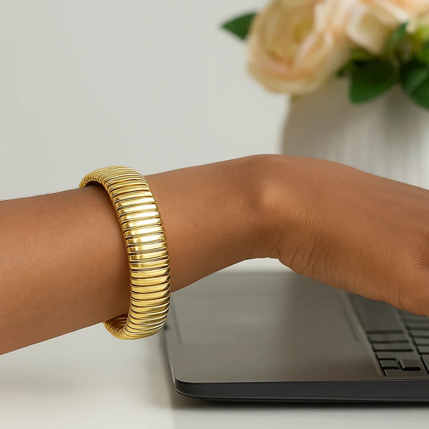Sterling Silver Yellow Gold Plated Thick Tubogas Bracelet (16.00 mm) - Image 6