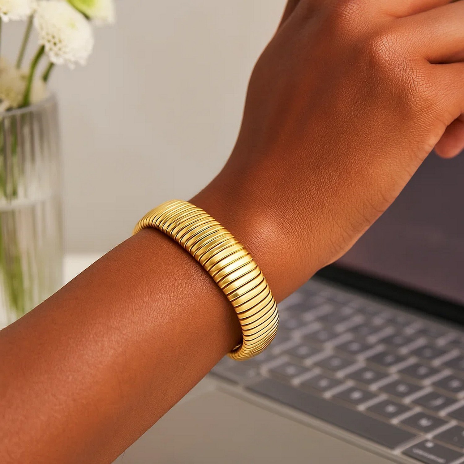 Sterling Silver Yellow Gold Plated Thick Tubogas Bracelet (16.00 mm) - Image 7