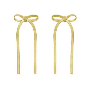 Sterling Silver Yellow Gold Plated Snake Chain Drop Dangle Bow Earrings