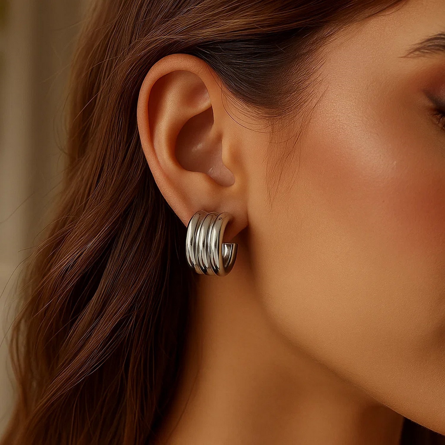 Sterling Silver Triple Row C Hoop Earrings - Image 3