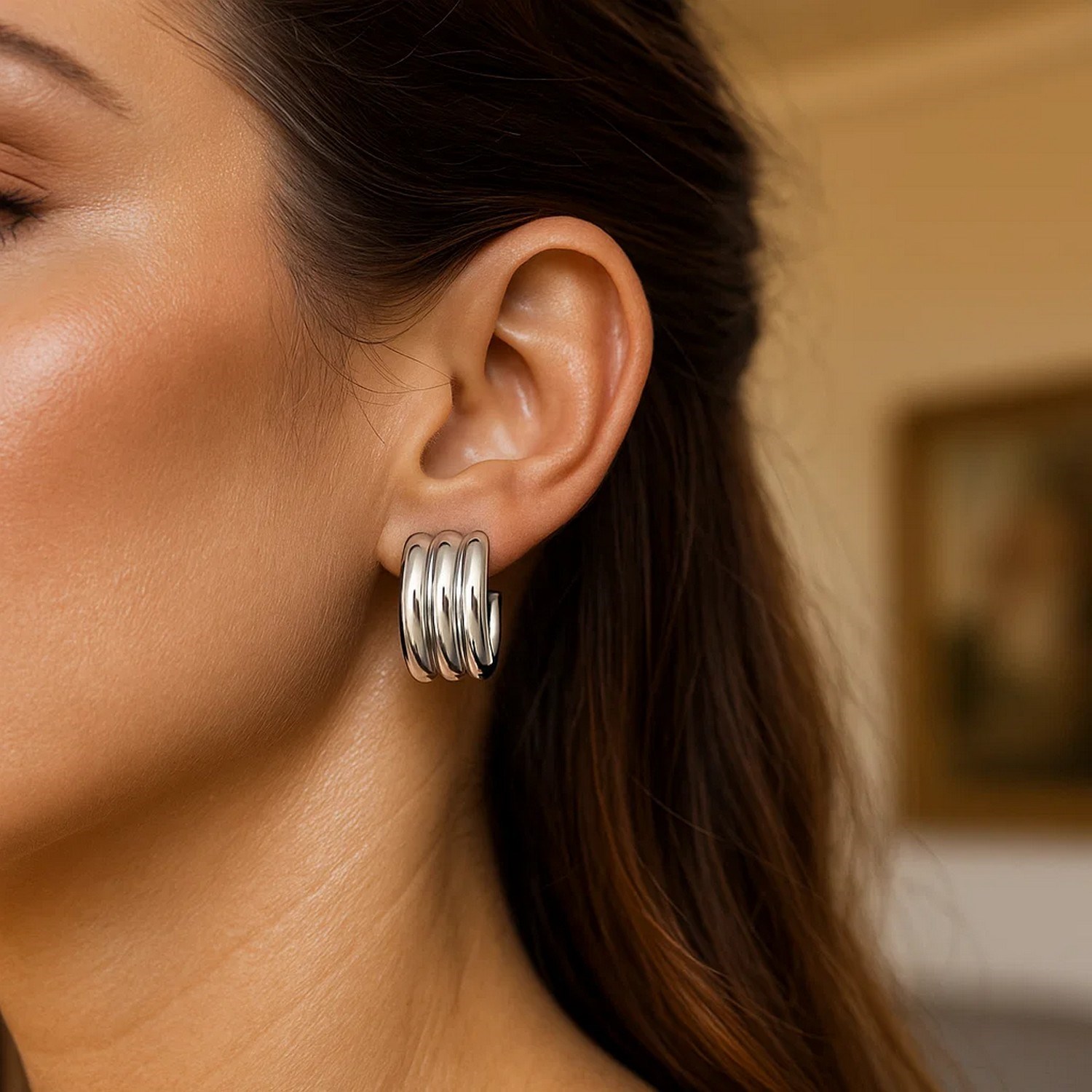 Sterling Silver Triple Row C Hoop Earrings - Image 4