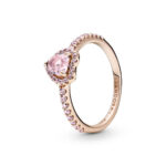 PANDORA Sparkling Pink Elevated Heart Ring - Rose Gold Ring for Women - Layering or Stackable Ring - Gift for Her - 14k Rose Gold-Plated Rose with Cub
